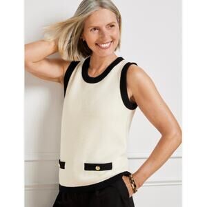 NWOT Talbots Textured Knit Sweater Vest Ivory Black Contrast Trim Preppy Size S